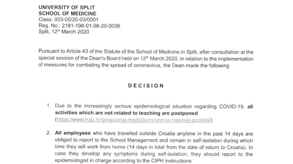 Measures for preventing of COVID-19 at University of Split School of Medicine
